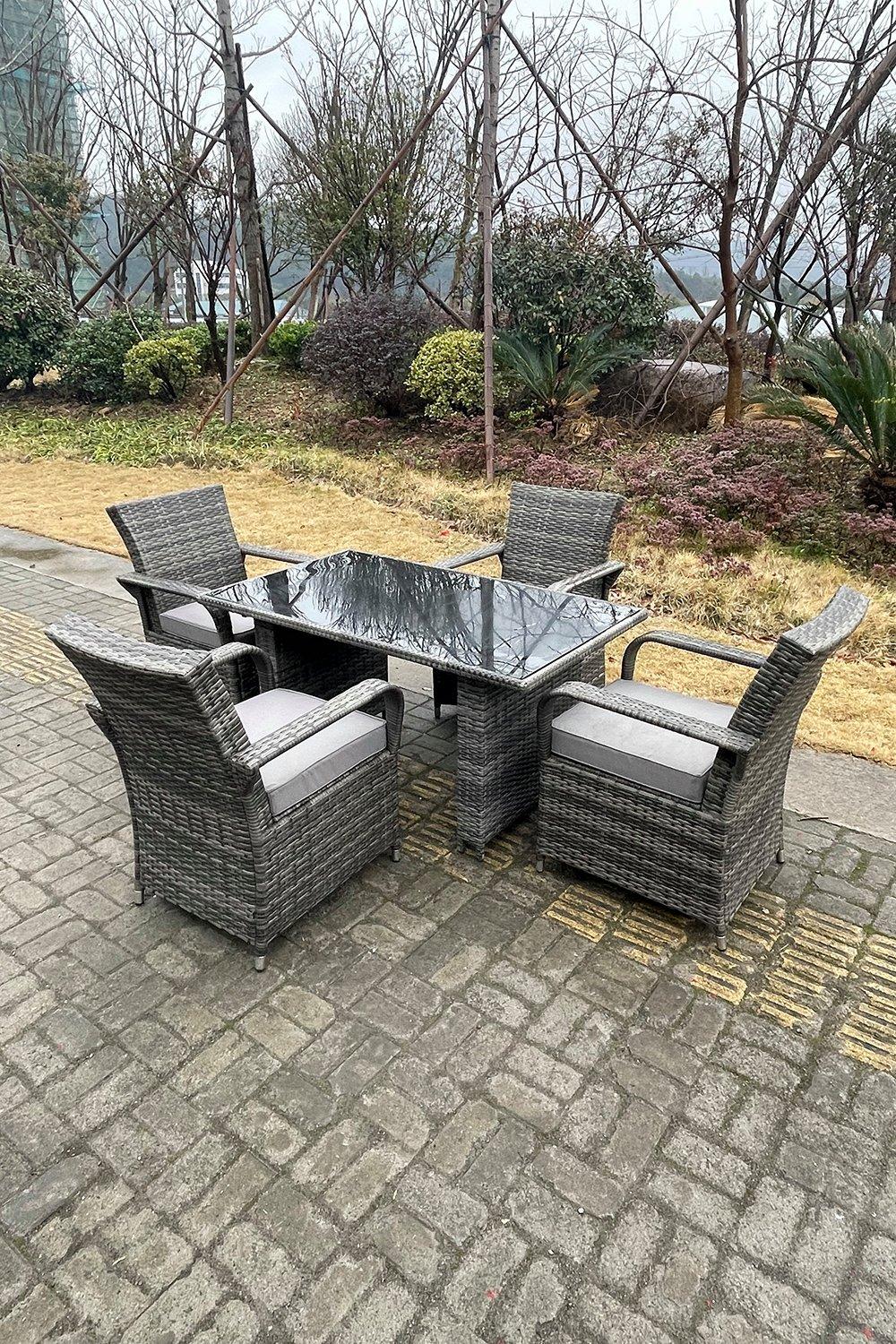 4 Seat Rattan Dining Set Table And Chair Sets PE Wicker Patio Outdoor 4 Chairs Black Tempered Glass 